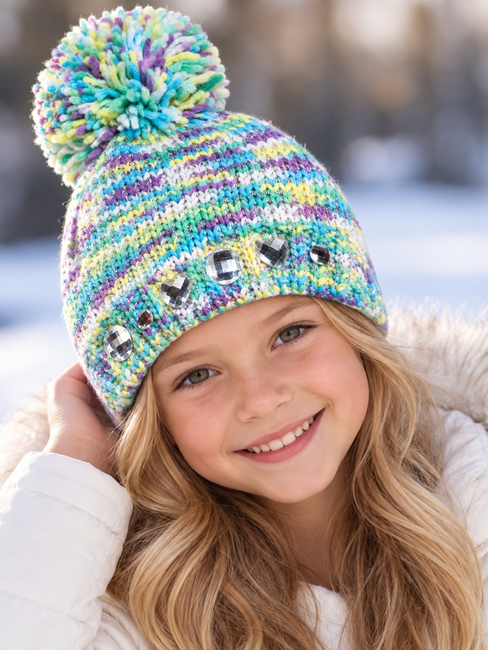 Kids Multicolor Pom Beanie Hat with Jewel Accents